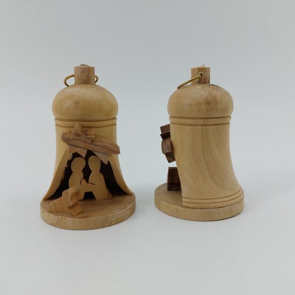 Olive wood Holy Land Carved Bell Nativity Bethlehem Israel Christmas Set of 2 - Picture 7 of 10